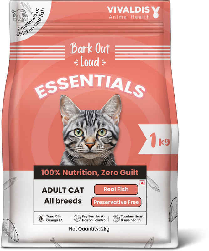 BARK OUT LOUD Essentials Cat Food - Real Fish, Chicken 1 kg Dry Adult Cat Food