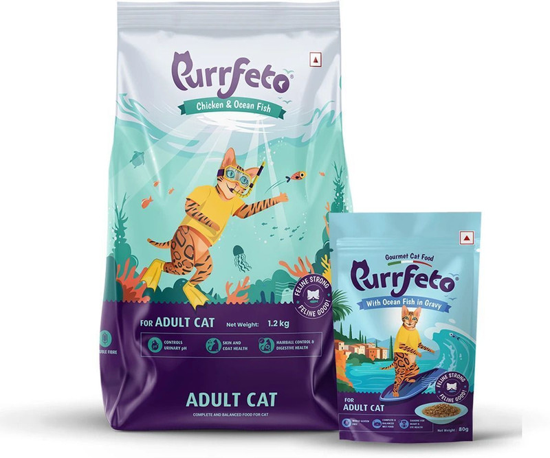 Purrfeto Dry Food Chicken&Ocean Fish 1.2 Kg ( Adult)+1U wet food Ocean fish gravy 80gm Chicken, Fish 1.28 kg (2x0.64 kg) Dry Adult Cat Food