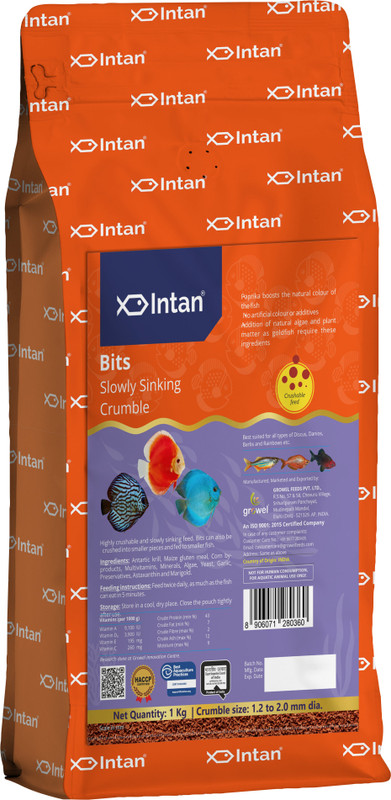 INTAN Bits Slow Sinking Crushable Crumble | Medium Pack Crumble Size 1.2 - 2.0 mm Dia Fish 0.045 kg Dry Adult Fish Food