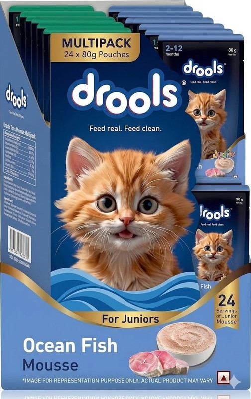 Drools Kitten Ocean Fish Gravy Mousse (0.08x24) Sea Food 1.9 kg (24x0.08 kg) Wet Young, All Life Stages Cat Food