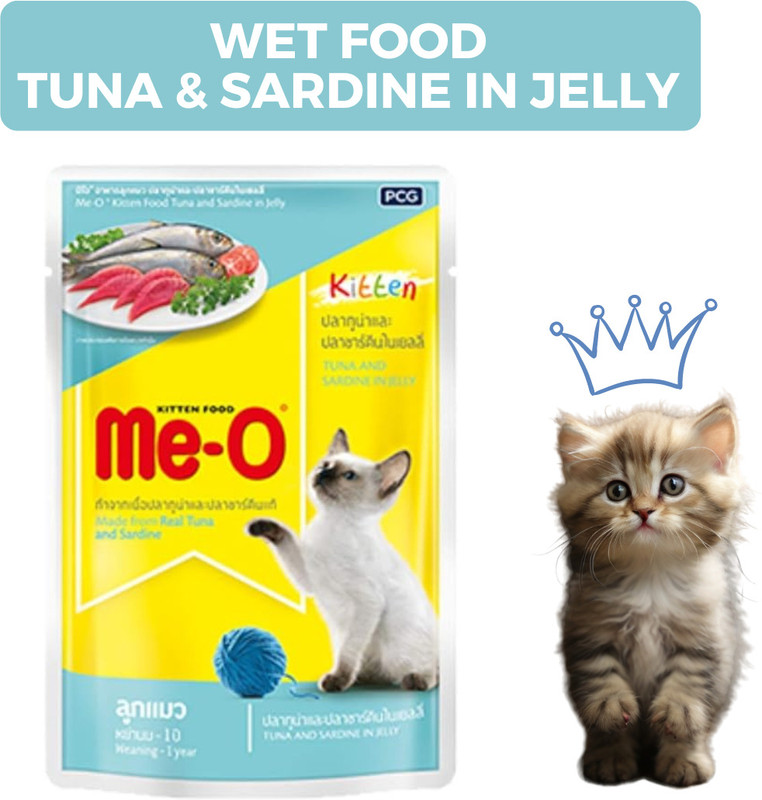 Me-O Me-O Wet Food, Tuna & Sardine in Jelly, Pack of 12 x 80gm Tuna 0.96 kg (12x0.08 kg) Wet Adult Cat Food
