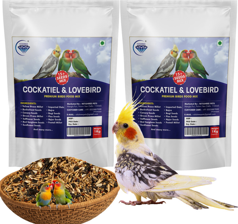 Nitishree Classic Bird Food 15+ Seed Mix for Cockatiel & Lovebird|Bird Feed - 500g + 500g Nuts 1 kg (2x0.5 kg) Dry New Born, Young, Senior, Adult Bird Food