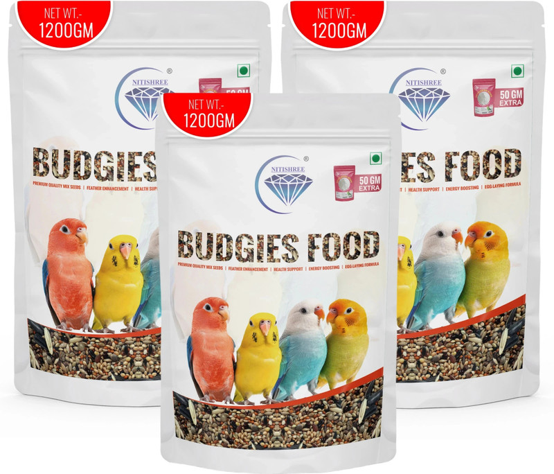 Nitishree Premium Budgie Seed Mix with100g Cattle Bone Powder Bird Food for Healthy Growth Nuts 3.6 kg (3x1.2 kg) Dry New Born, Adult, Young, Senior Bird Food