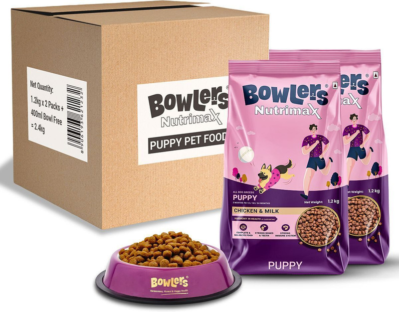 Bowlers Nutrimax Puppy Chicken&Milk,1.2 kg|Pack of 2| S-Life 18 Months|Economy+Bowl400ml Chicken, Milk 2.4 kg (2x1.2 kg) Dry Young Dog Food