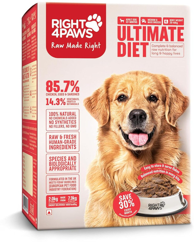 RIGHT 4PAWS Medium & Maxi Breed for Adult, High Nutrition 85.7% Animal Source, Omega 3 & 6 Meat 12 kg (6x2 kg) Dry Adult Dog Food