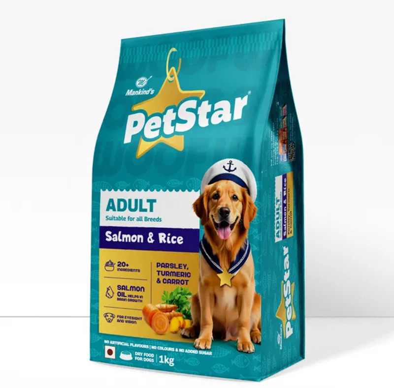 PetStar By Mankind Dog Food, High Protein Pack | Builds Strong Muscles & Boosts Immunity Salmon, Rice 3 kg Dry Adult Dog Food