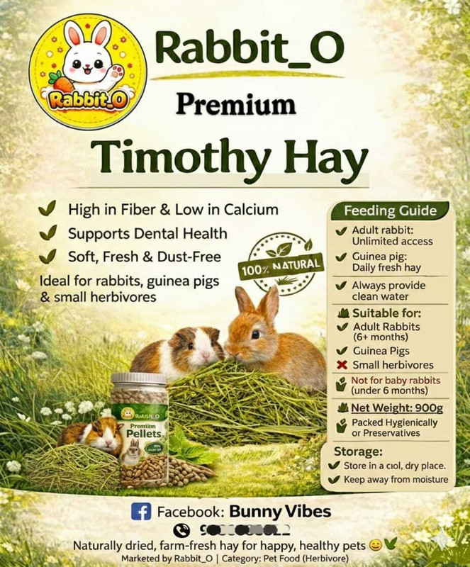 Rabbit_O Rabbit_O Premium Timothy Hay – Naturally Dried | Fresh | High Fiber Vegetable 0.5 kg Dry Adult Rabbit Food
