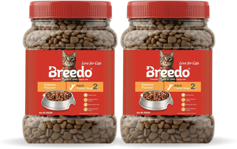Breedo Buy 1 Get 1 ,Salmon Flavour Adult Dry Cat Food 0.800g(0.400g+0.400g) Salmon 0.8 kg Dry Adult Cat Food