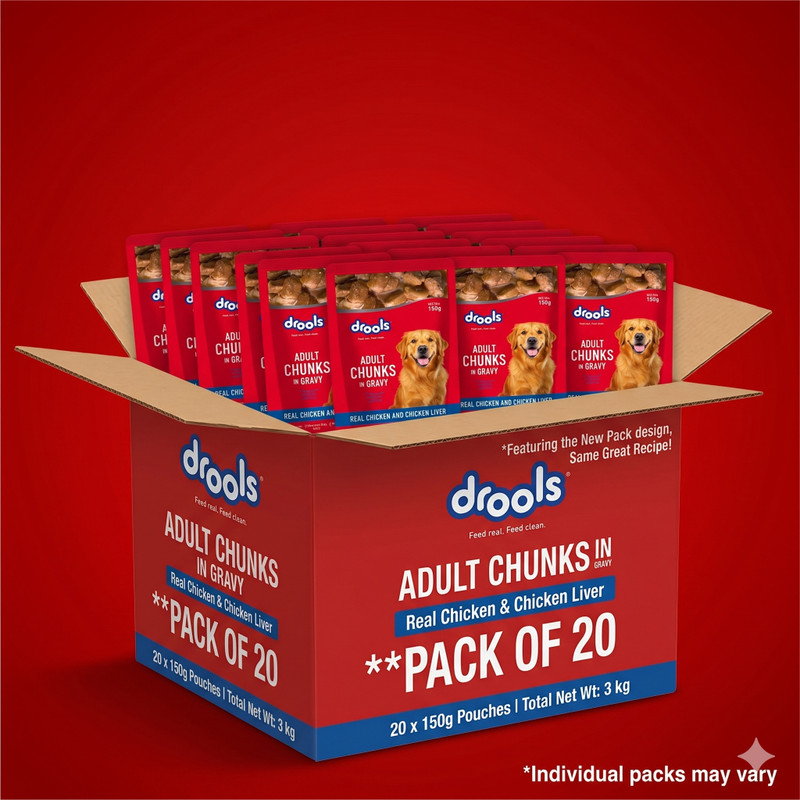Drools Chunks in gravy for Adult - Chicken Liver and Real Chicken 2.25 kg (15x0.15 kg) Wet Adult Dog Food