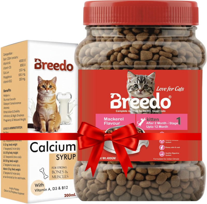 Breedo Mackerel Flavor Kitten Dry Cat Food - 400g Includes Free 200ml Calcium Syrup Mackeral 0.6 kg (2x0.3 kg) Dry Young, New Born Cat Food