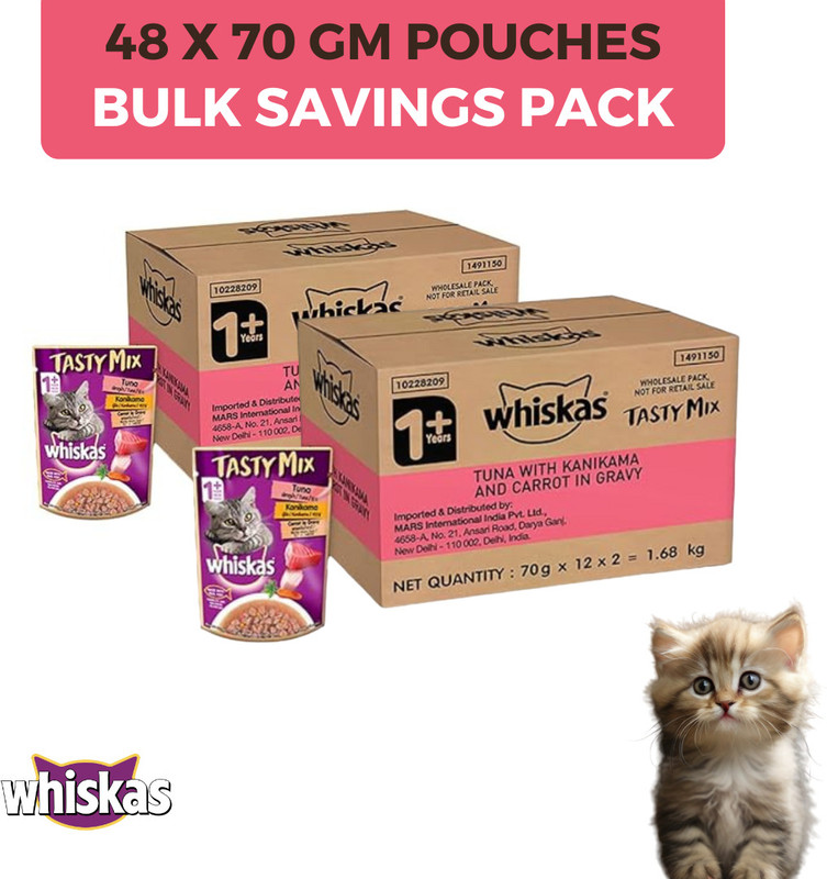 Whiskas Tasty Mix Tuna with Kanikama & Carrot in Gravy, Pack of 12 x 70g Tuna 1.96 kg (28x0.07 kg) Wet Adult Cat Food