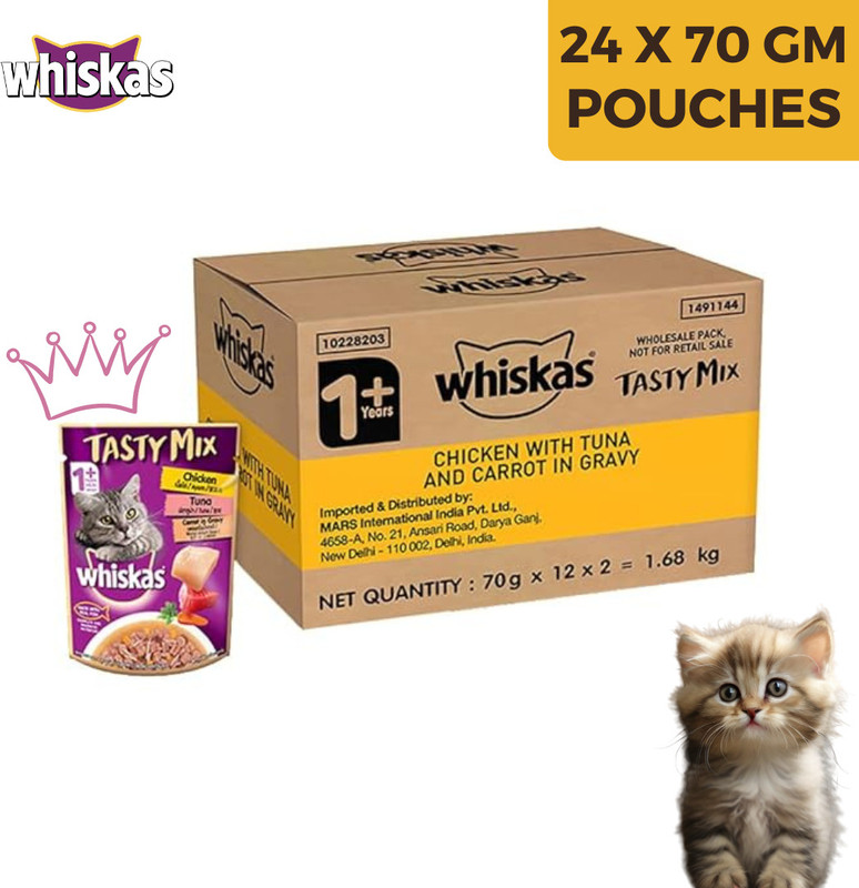 Whiskas Tasty Mix Chicken with Salmon, Pack of 12 x 70g Chicken, Salmon 0.84 kg (12x0.07 kg) Wet Adult Cat Food