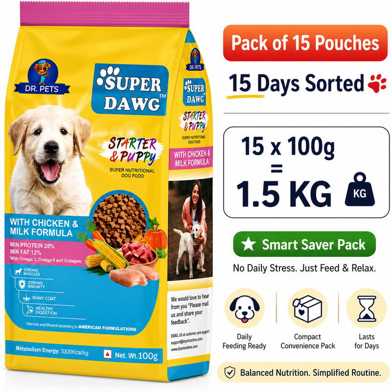 Dr.pets Dog Dry Food Puppy Chicken & Milk – Pack of 15 (100 g each) Chicken 1.5 kg (15x0.1 kg) Dry New Born, Young Dog Food