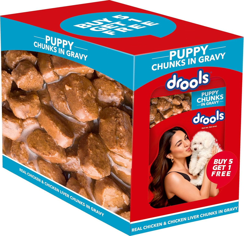 Drools Puppy Food, Real Chicken & Chicken Liver Chunks In Gravy (pack of 5) Chicken, Liver Chunks 0.75 kg (5x0.15 kg) Wet New Born Dog Food