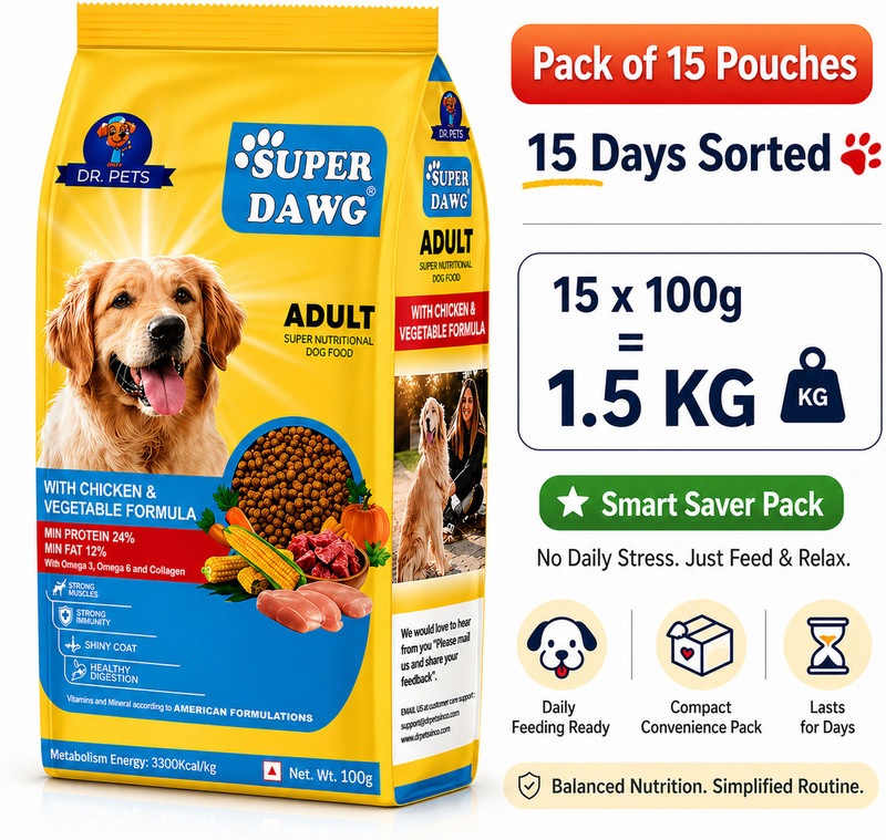 Dr.pets Dog Dry Food Adult Chicken & Vegetables – Pack of 15 (100 g each) Chicken 1.5 kg (15x0.1 kg) Dry Adult, Senior Dog Food