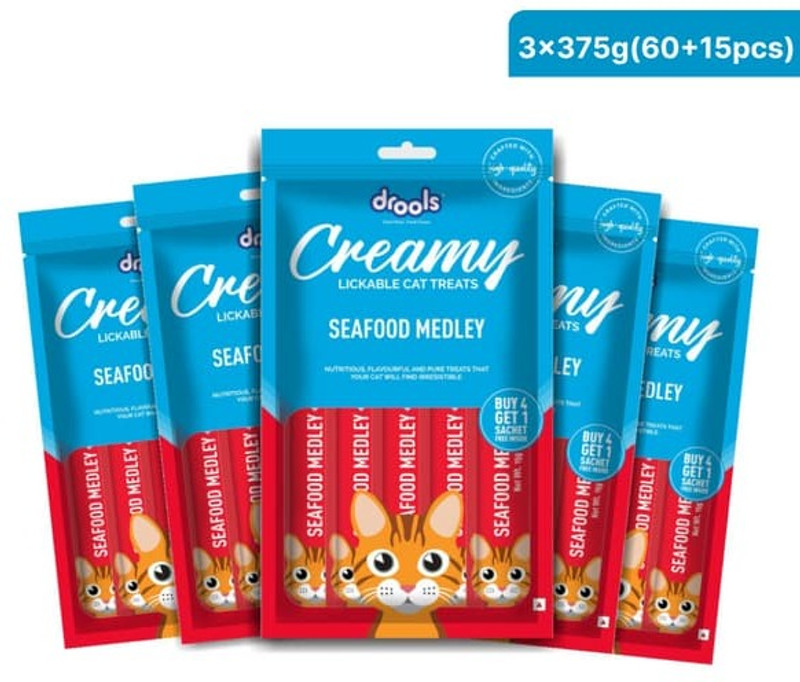Drools creamy lickable seafood medley cat treats (75g,pack of 5) Sea Food 0.375 kg Wet Adult, Senior, Young Cat Food