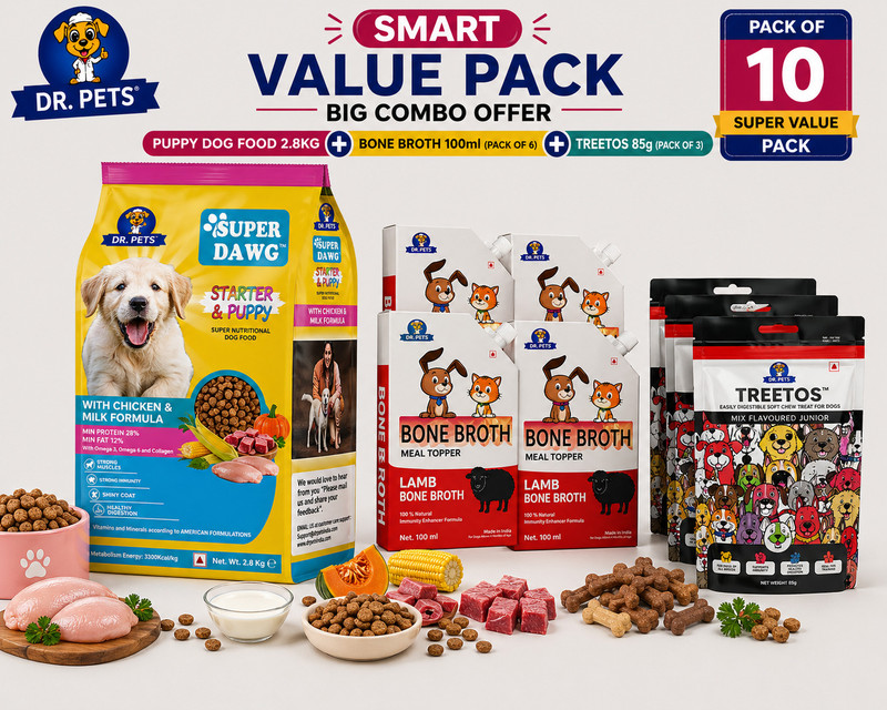 Dr.pets Dog Food & Treat Combo – SD Puppy 2 kg + Bone Broth (6 Pack) + Treetos Pack of 3 Chicken 3.655 kg Wet Adult, Senior Dog Food