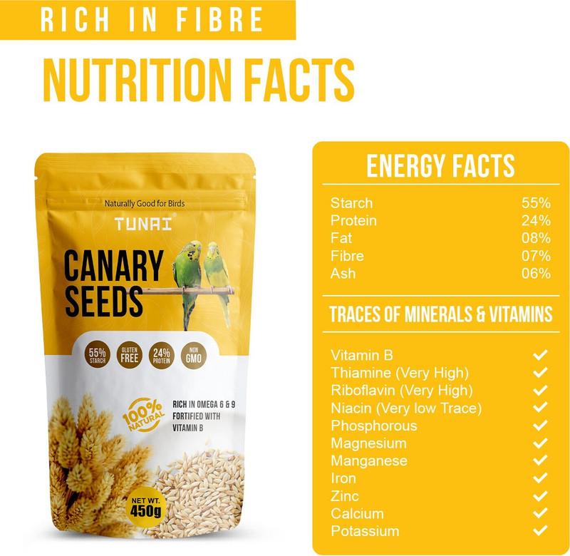 TUNAI Natural Canary Seeds Rich In Omega, Vitamin E&B Bird food 0.45 kg Dry Adult, New Born, Senior, Young Bird Food