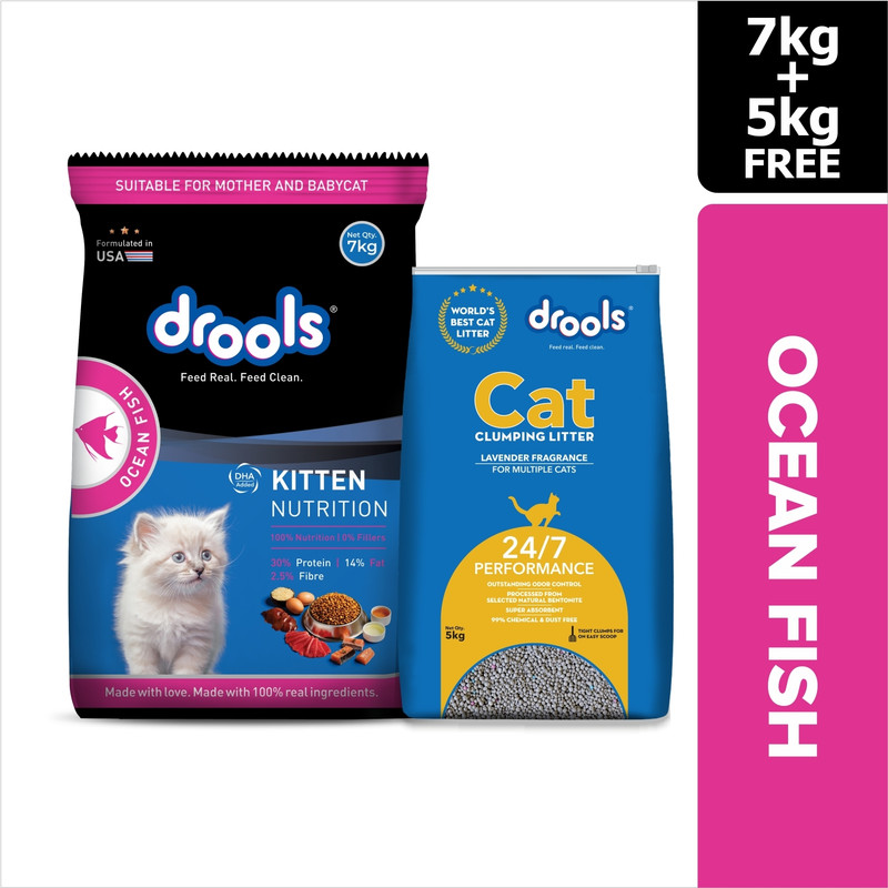 Drools 5 Kg�Cat Litter With 7kg Ocean Fish 12 kg (2x6 kg) Dry Young Cat Food