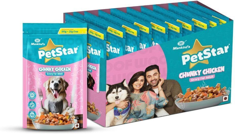 PetStar By Mankind Dog Food, Chunky Gravy High Protein Pouch, 120g x 15 Chicken 1.8 kg (15x0.12 kg) Wet Adult Dog Food