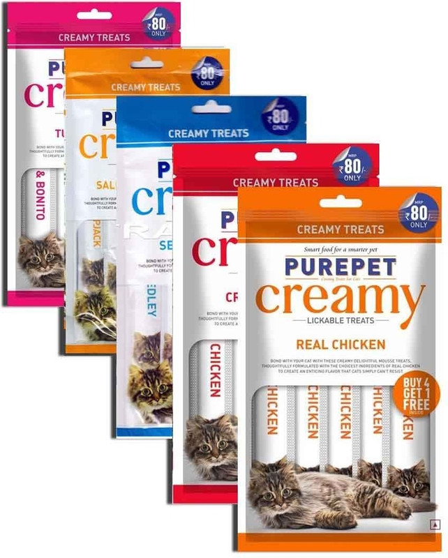 Purepet PUREPET Creamy Lickable Cat Treats Multi pack, Pack of 5 X 75 Gm Fish 0.75 kg (5x0.15 kg) Wet Adult Cat Food