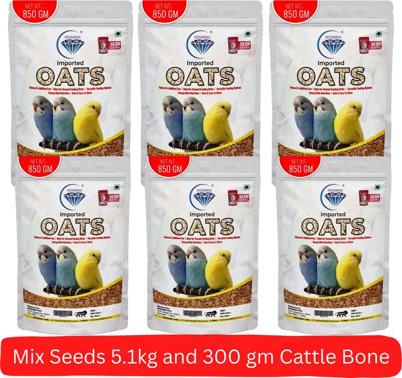 Nitishree Premium Imported Oats –5100 gm Bird Food with Free Natural Calcium Powder –300g Nuts 5.1 kg (6x0.85 kg) Dry New Born, Adult, Young, Senior Bird Food