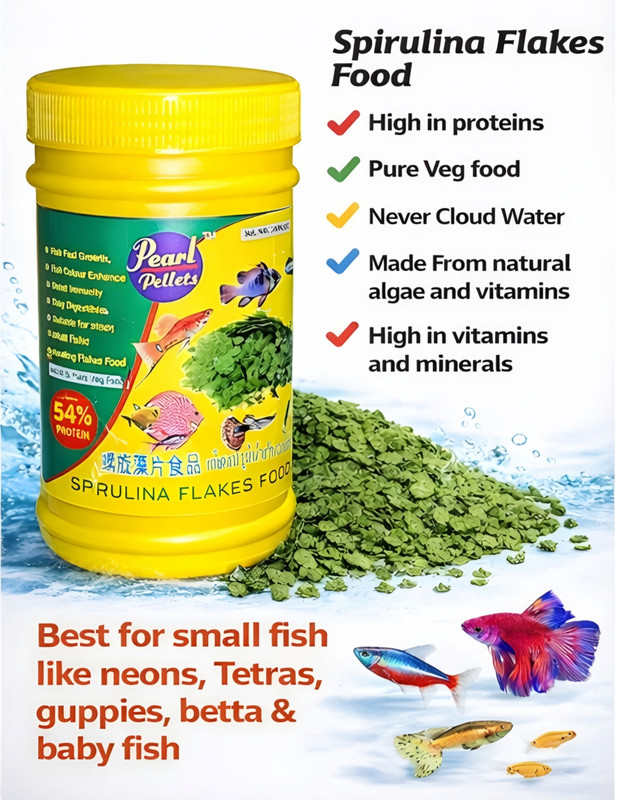 pearl pellets Pearl Pellets Spirulina Flakes Fish Food 54% High Protein 40grams Fish 0.04 kg Dry Young, Senior, New Born Fish Food