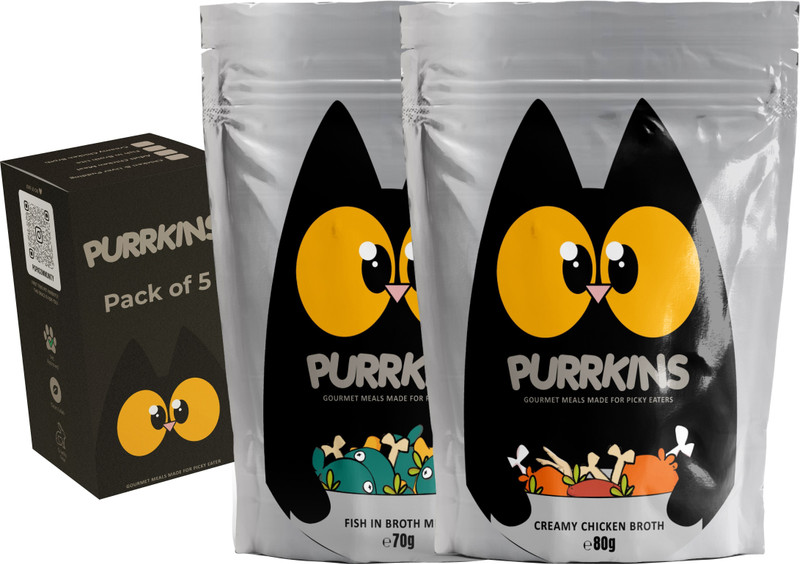 Purrkins Cat Food Topper Pack of Fish in Broth Meal 70gx8, Creamy Chicken Broth 80gx7 Fish, Chicken 1.12 kg (15x0.07 kg) Wet Adult, New Born, Senior, Young Cat Food