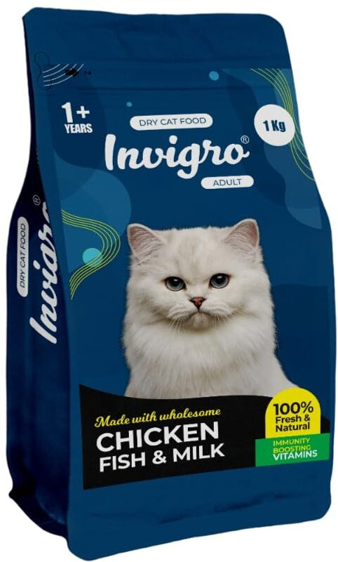 invigro Cat Food Healthy Skin & Coat | Natural & Nutritious Strong Immunity Formula Chicken, Fish, Milk 1 kg Dry Adult Cat Food