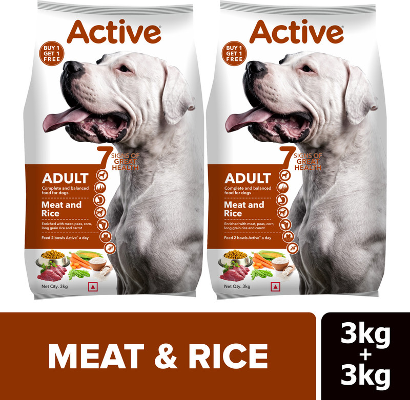 Active Buy 1 Get 1 Meat And Rice 6 kg (2x3 kg) Dry Adult Dog Food