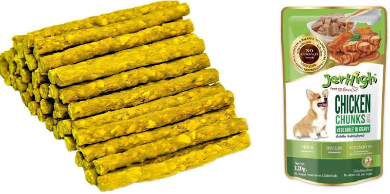 jerhigh Human Grade High Protein Gravy Wet Food for Dogs With Puppy Dog Chew Sticks Chicken 1.12 kg (2x0.56 kg) Dry New Born, Adult, Senior, Young Dog & Cat Food