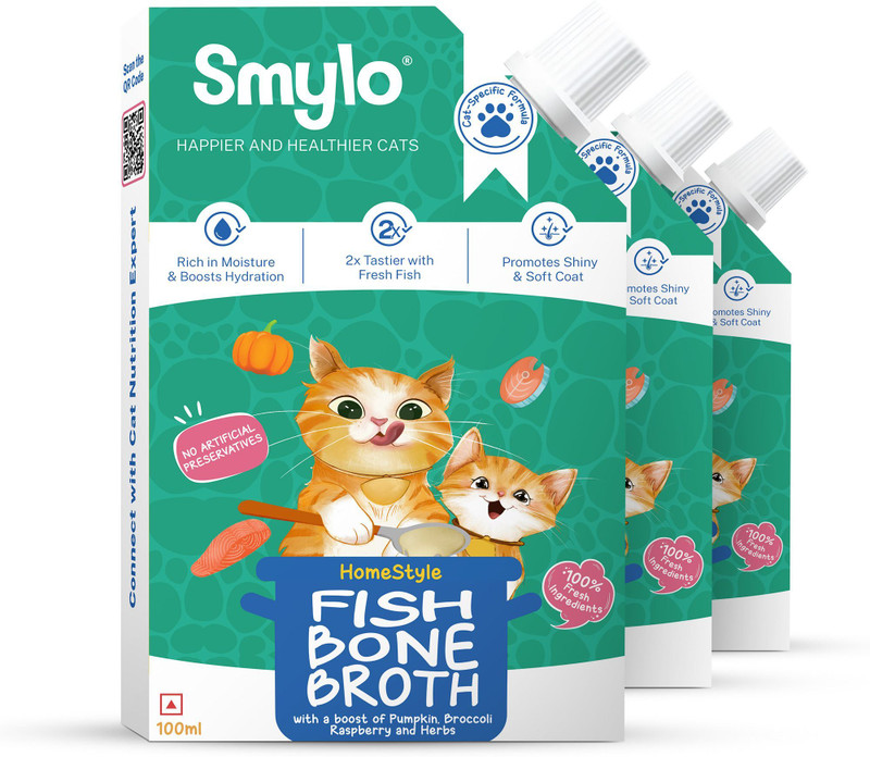 Smylo Daily Hydration Booster, Fish Bone Broth for Cats Fish 0.3 kg (3x0.1 kg) Wet Adult, Young, Senior Cat Food