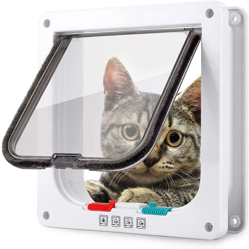 Iktu Cat Door Weatherproof White ABS 4-Way Locking Flap for Small Cats & Dogs L Gate(White)