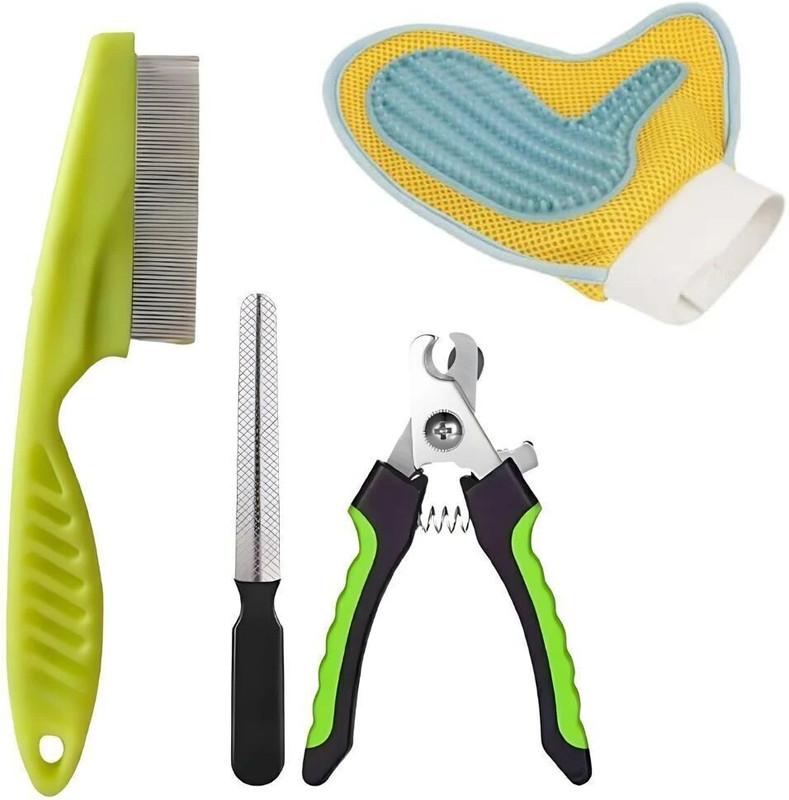 Petfun Grooming Nail Cutter, Flea Comb & Hand Glove | Essential for Dogs & Cats Grooming Gloves for Dog & Cat(Multicolor, Fits All)