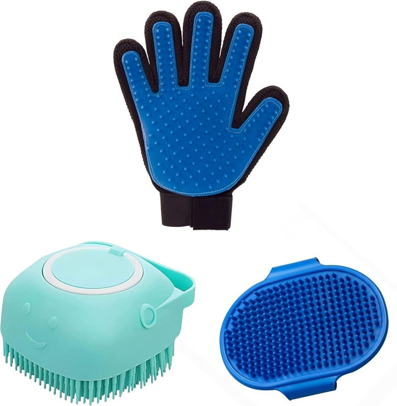 WoofyPlanet 3-in-1 Grooming Kit Bathing & Hair Removal Kit for Pets (pack 3) Grooming Gloves for Dog & Cat, Hamster, Rabbit(Blue, Green, Medium)