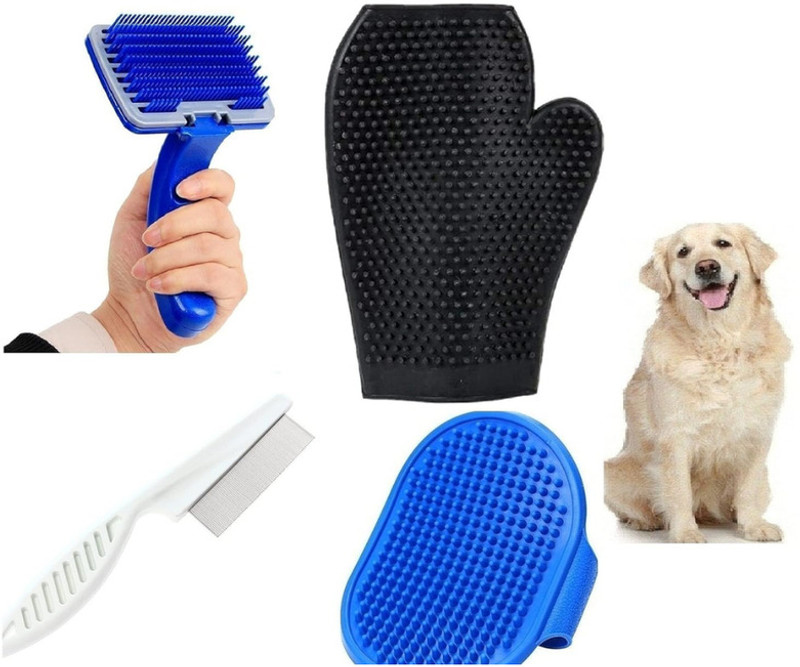 DogTrust Buffalo Gloves+Slikcer+Flea Comb+Shampoo bruhs+ Set for All breeds Grooming Gloves for Dog & Cat(Multicolor, Fits All)