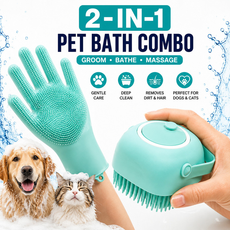 POACHERY 2 in 1 Silicone Pet Bath & Grooming Combo Grooming Gloves for Cat, Dog, Dog & Cat(Multicolor, Medium)