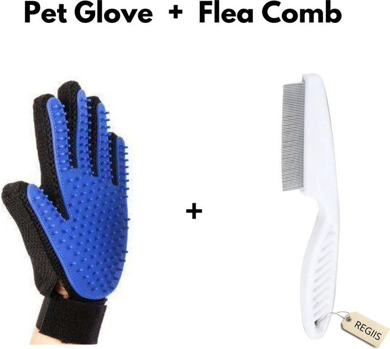 Regiis Pet Pack of 2 ( Flea comb + Grooming Gloves for Dog, Cat(Blue, White, Fits All)