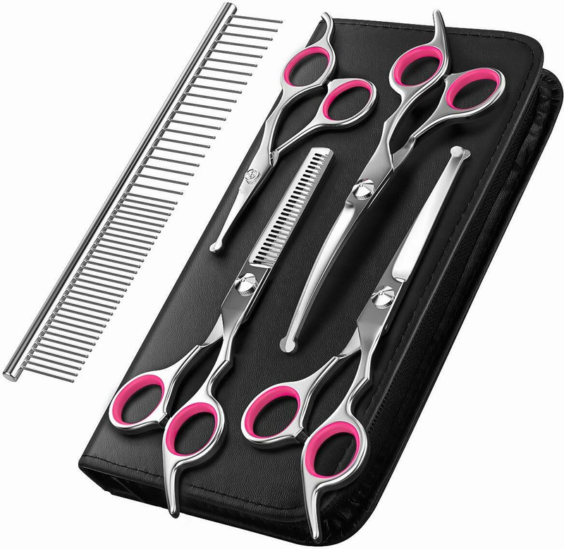 MeShear Pawaboo Pet grooming scissor set with safety round tip,4 scissor & 1 Steel comb Silver Pet Hair Trimmer
