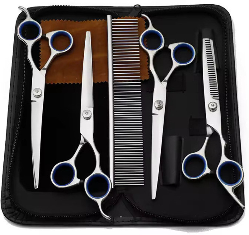 MeShear MaoCG, Safety Tip,Curved,Thinning,Straight Scissors with Comb,Nail cliper, File. Silver Pet Hair Trimmer