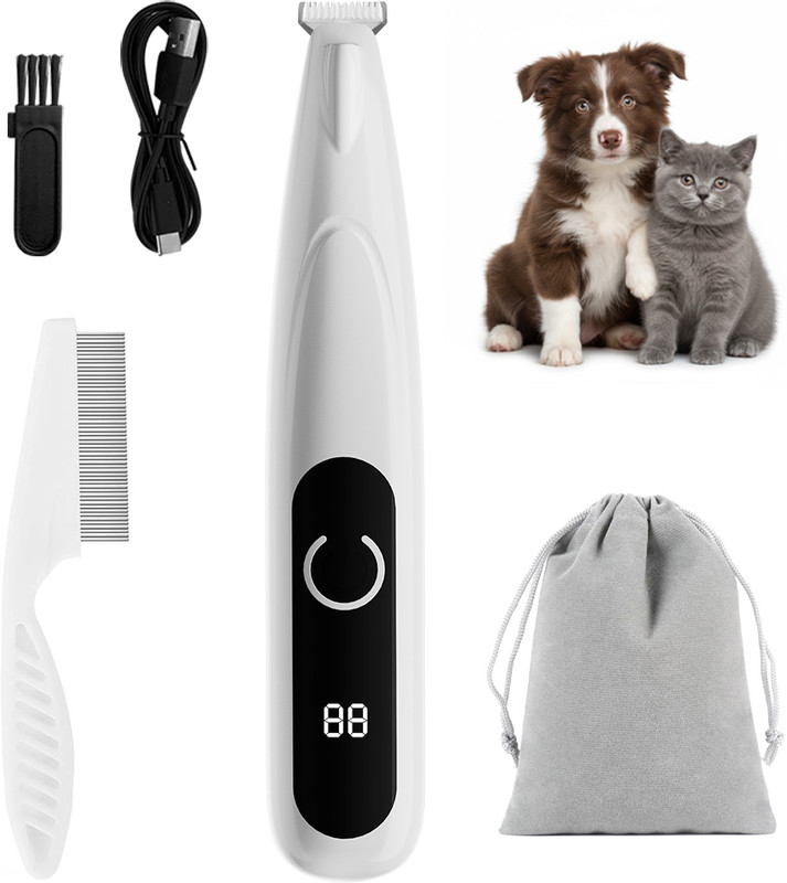 Pets&Kins Pet Paw Hair Trimmer with LED Light and Display for Dogs and Cats with Flea Comb White Pet Hair Trimmer