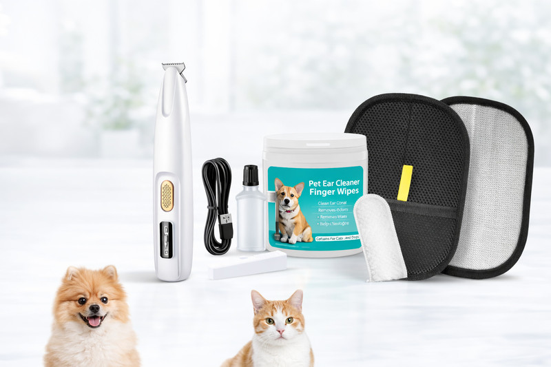 Zyora All-in-One Pet Care Set with Hair Trimmer, Ear Cleaner Wipes and Grooming Mitts White, Black Pet Hair Trimmer
