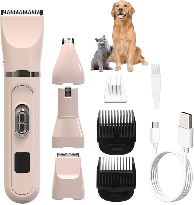 TOPHAVEN 4-in-1 Rechargeable Pet Grooming Clipper Kit for Dogs and Cats with LED Display Pink Pet Hair Trimmer
