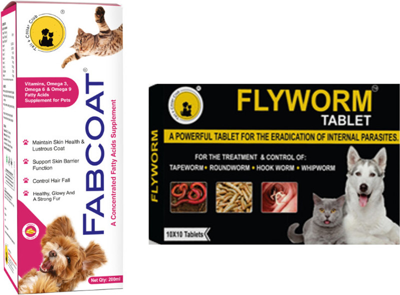 Tail & Collar Club Fabcoat Skin and Coat Supplement and Flyworm Herbal Dewormer (10 Tablets) Pet Health Supplements(200 ml)