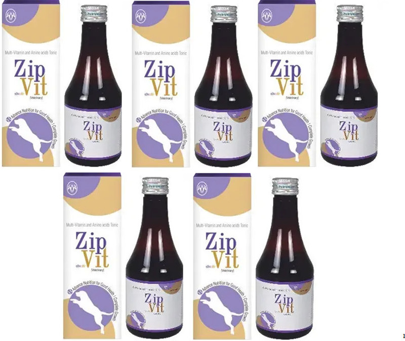 INTAS ZIPVIT Multivitamin Supplement for Pets | Boost Immunity & Strength | Pack of 5 Pet Health Supplements(200 ml)