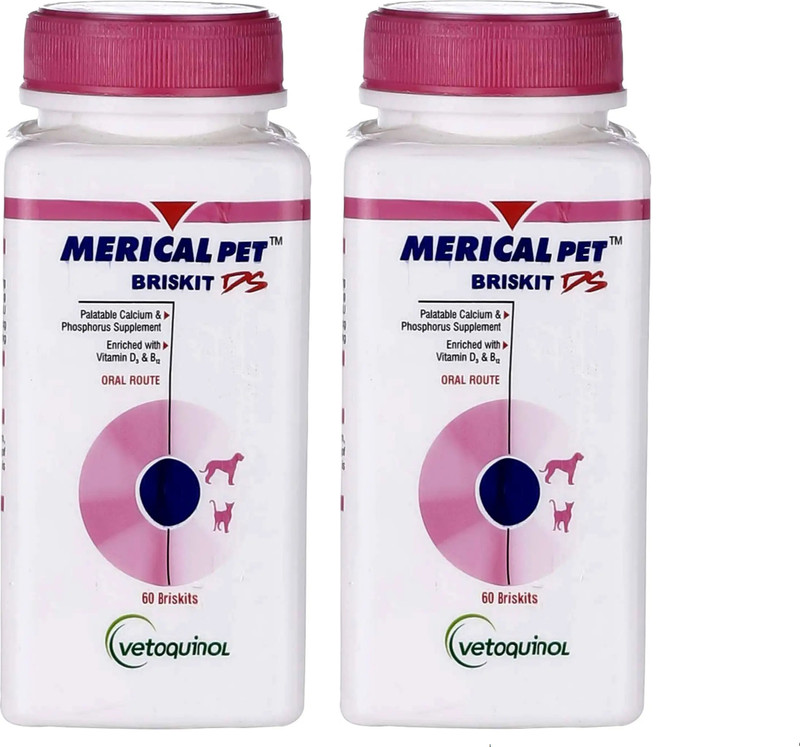 Vetoquinol Merical Pet Briskit Calcium Treats for Dogs Cats Bone Strength Pack of 2 Pet Health Supplements(120 Pieces)