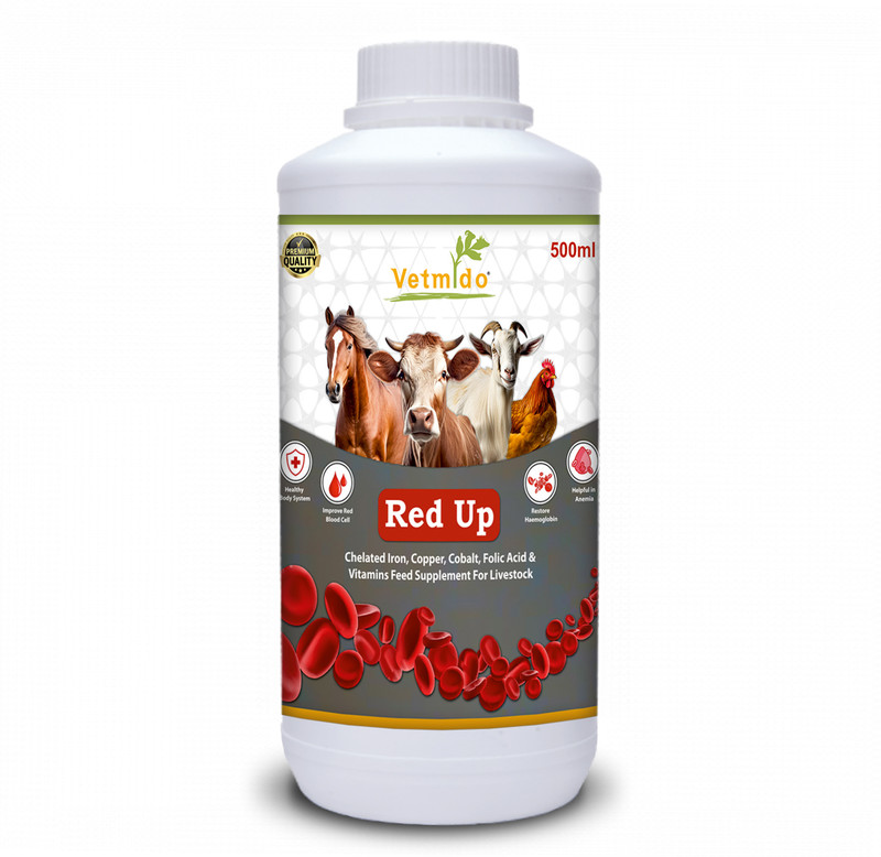 VETMIDO Red Up - Iron Tonic Supplement for Cattle, Cow, Buffalo, Goat, Horse & Poultry Pet Health Supplements(500 ml)