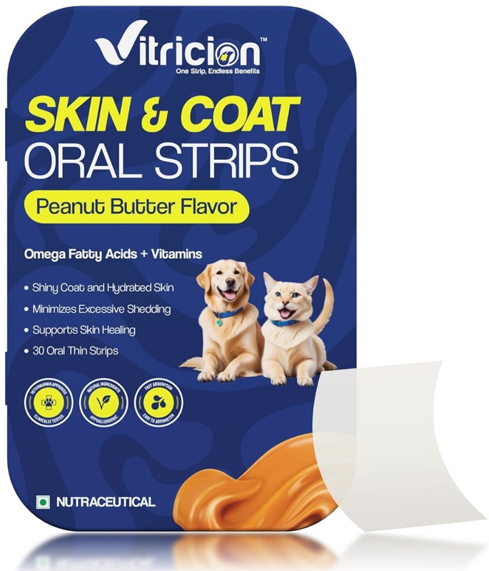 Vitricion Skin & Coat Oral Strips | Shiny Fur, Omega Fatty Acids, Vitamins Pet Health Supplements(30 Pieces)