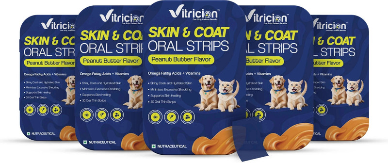 Vitricion Skin & Coat Oral Strips | Shiny Fur, Omega Fatty Acids, Vitamins | Pack of 05 Pet Health Supplements(150 Pieces)