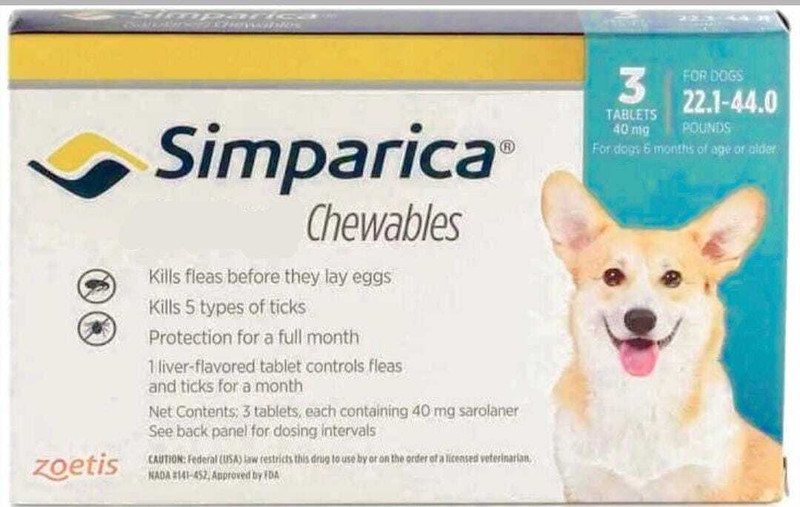 Zoetis Simparica Chewable flea tick tablets for dogs, 1 tab, 40mg (10-20kgs) Pet Health Supplements(1 Pieces)